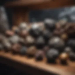 A diverse collection of meteorite specimens displayed on a wooden shelf.