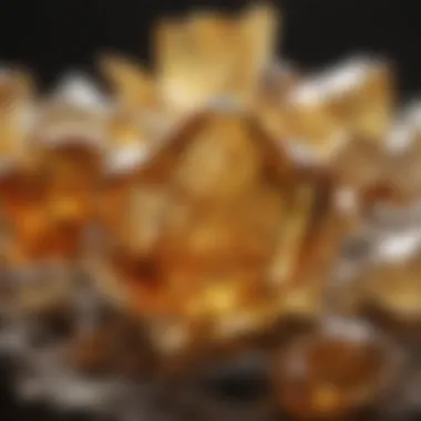 An elegant display of citrine crystals reflecting light, emphasizing their golden hue and clarity.