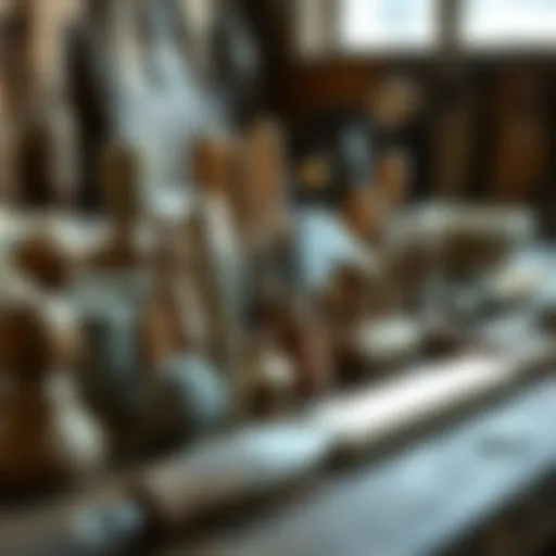 A variety of stone carving tools displayed on a wooden table
