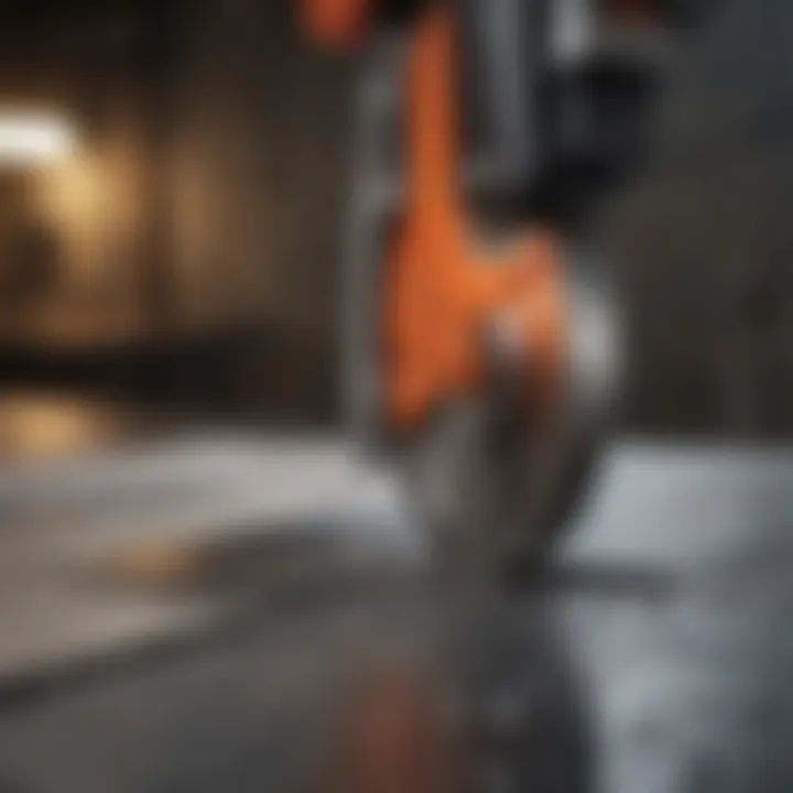 Close-up of a stone wet saw blade cutting through a granite slab