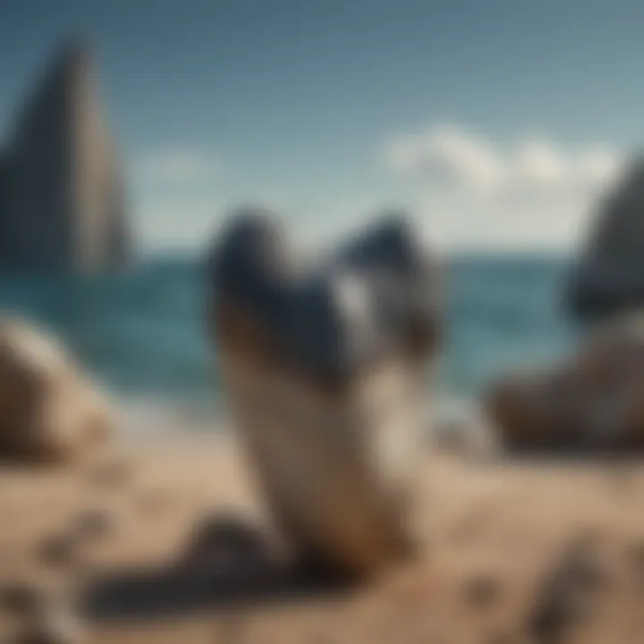 A rare megalodon tooth set against a backdrop of oceanic artifacts