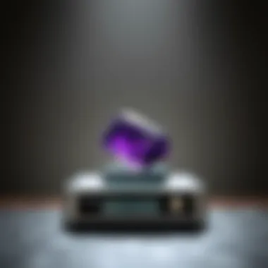 A scale measuring the carat weight of a large amethyst stone