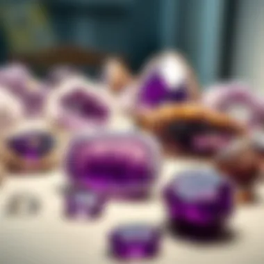 A display of various amethyst stones from different sources highlighting market trends