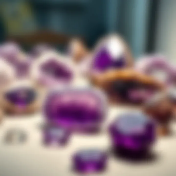 A display of various amethyst stones from different sources highlighting market trends