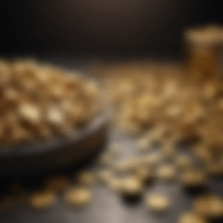 A collection of gold nuggets and coins displayed elegantly